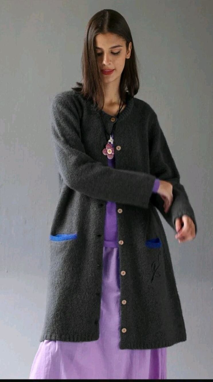 Gudrun Sjödén Tulipe long cardigan alpaca blend Grey Blue Accent Sz Med